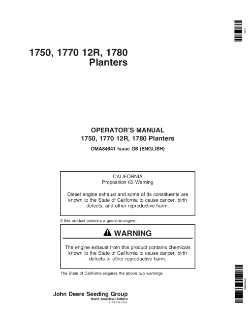 John Deere 1750 1770-12R, 1780 Drawn Planters (720101-720999) OMA84641 Operators and Maintenance Manual PDF Download