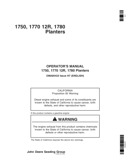 John Deere 1750, 1770 12R, 1780 Planters (725101-725999) OMA85423 Operators and Maintenance Manual PDF Download