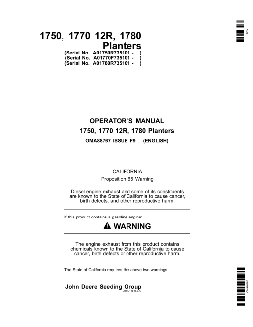 John Deere 1750, 1770 12R, 1780 Planters (735101-) OMA88767 Operators and Maintenance Manual PDF Download