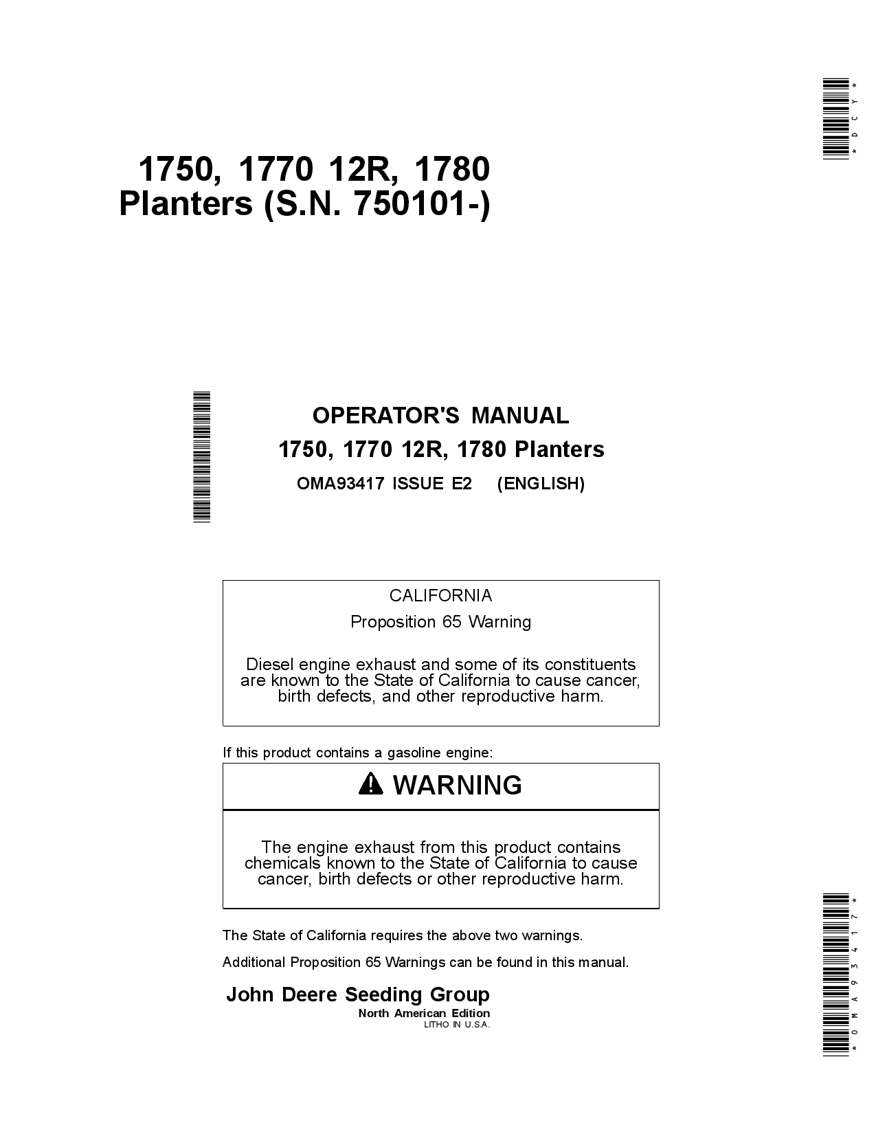 John Deere 1750, 177012R, 1780 Planters North American Edition (750101-) OMA93417 Operators and Maintenance Manual PDF Download