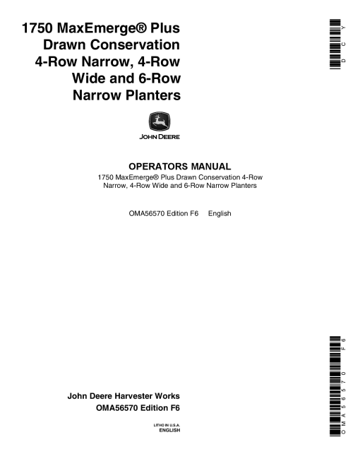 John Deere 1750 Drawn Planter (670100-680999) Verify Row Spacing = (4RN - 4RW - 6RN) OMA56570 Operators and Maintenance Manual PDF Download