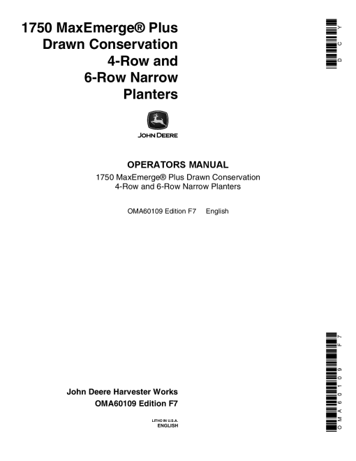 John Deere 1750 Drawn Planter (675101-675999) Verify Row Spacing = (4R - 6RN) OMA60109 Operators and Maintenance Manual PDF Download