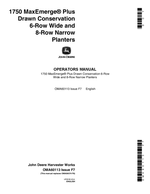 John Deere 1750 Drawn Planter (675101-675999) Verify Row Spacing = (6RW - 8RN) OMA60113 Operators and Maintenance Manual PDF Download
