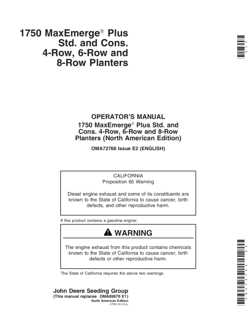 John Deere 1750 Drawn Planters (700101-715999) (4R - 6N - 6W - 8N) OMA72766 Operators and Maintenance Manual PDF Download