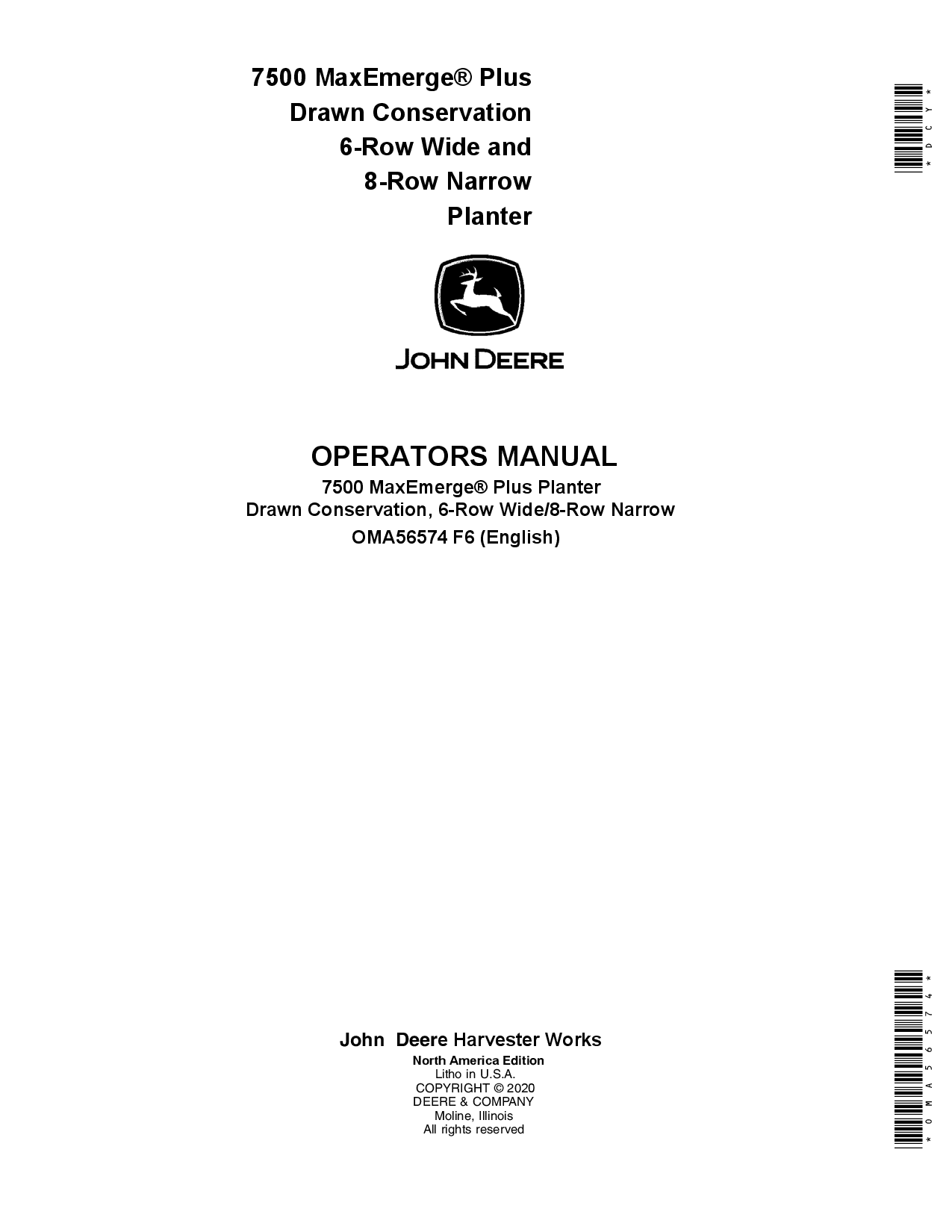 John Deere 1750 MaxEmerge Plus Drawn Conservation 6-Row Wide and8-Row Narrow Planter OMA56574 Operators and Maintenance Manual PDF Download