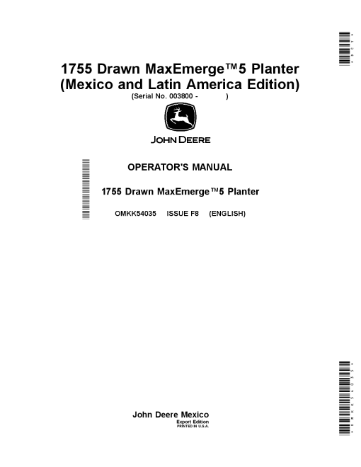 John Deere 1755 Drawn MaxEmerge5 Planters OMKK54035 Operators and Maintenance Manual PDF Download