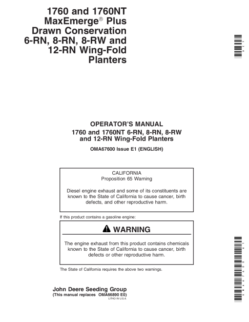 John Deere 1760 & 1760NT Drawn Planter (690101-690999) OMA67600 Operators and Maintenance Manual PDF Download
