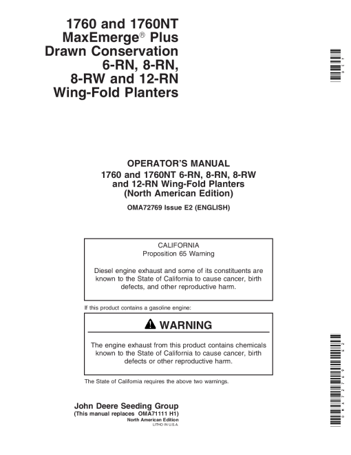 John Deere 1760 & 1760NT Drawn Planter (700101-700999) OMA72769 Operators and Maintenance Manual PDF Download