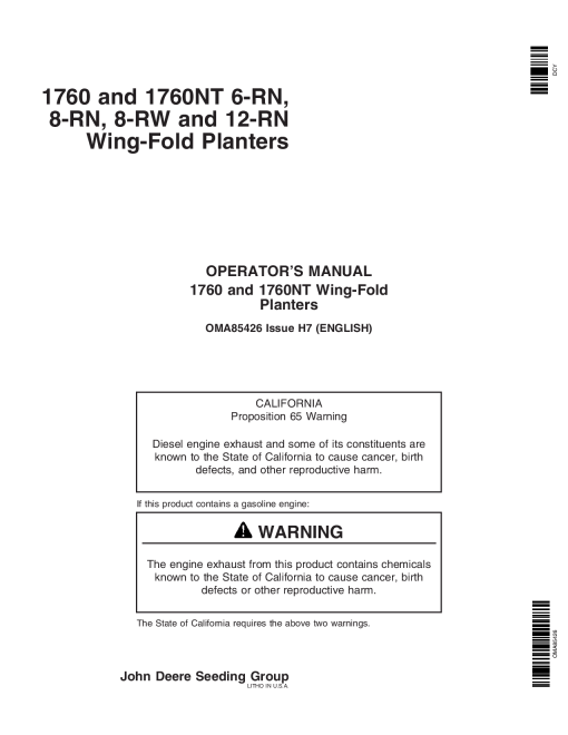 John Deere 1760 & 1760NT Planters Order w Rate Charts Manual per S.N. (720101-) OMA85426 Operators and Maintenance Manual PDF Download
