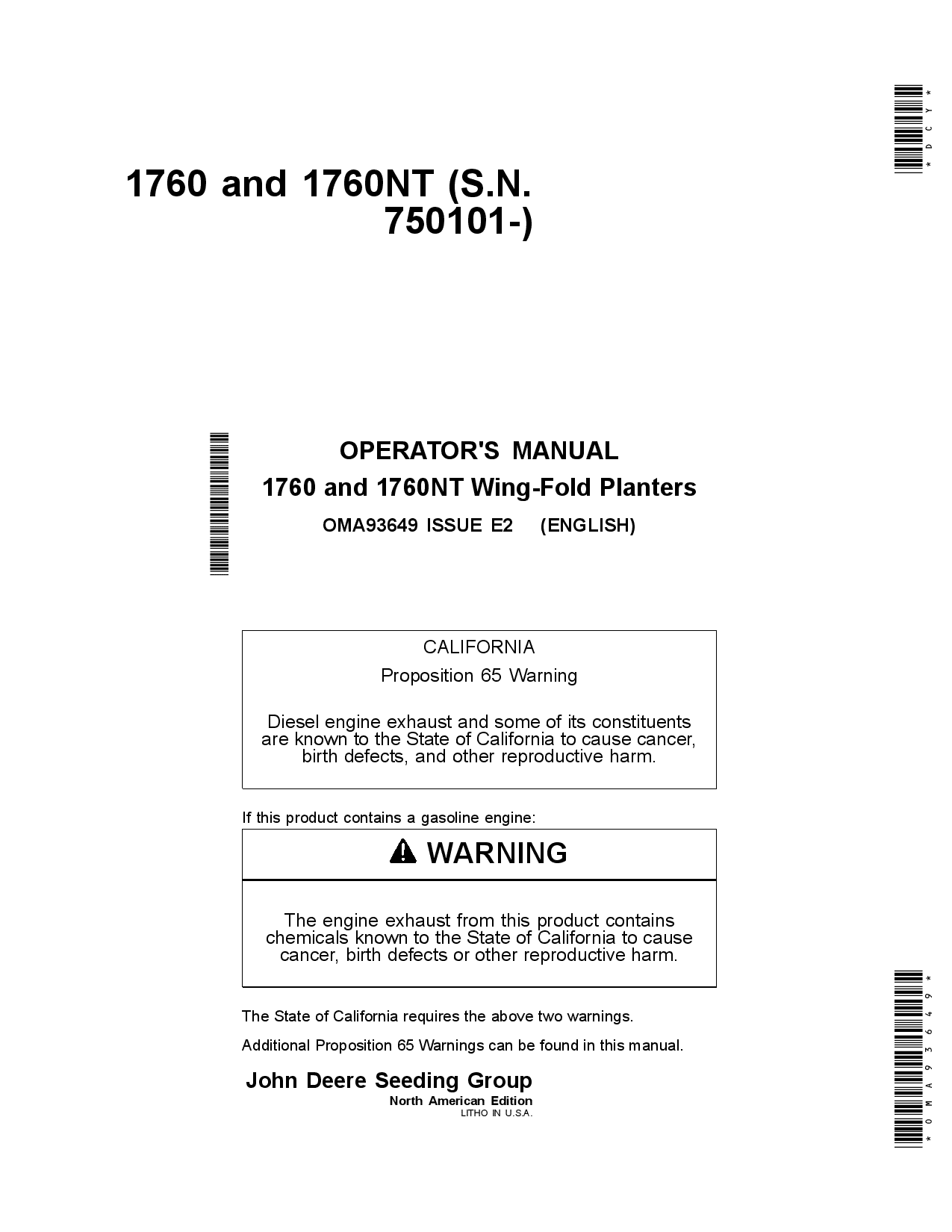 John Deere 1760, 1760NT Wing-Fold Planters (750101-) 6RN, 8RN, 8RW, 12RN OMA93649 Operators and Maintenance Manual PDF Download