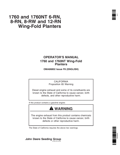 John Deere 1760 and 1760NT 6-RN, 8-RN, 8-RW and 12-RN Wing-Fold Planters (730101-735100) OMA86802 Operators and Maintenance Manual PDF Download