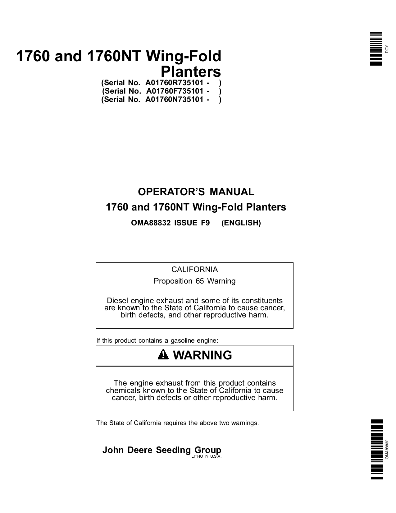 John Deere 1760 and 1760NT 6-RN, 8-RN, 8-RW and 12-RN Wing-Fold Planters (735101-) OMA88832 Operators and Maintenance Manual PDF Download