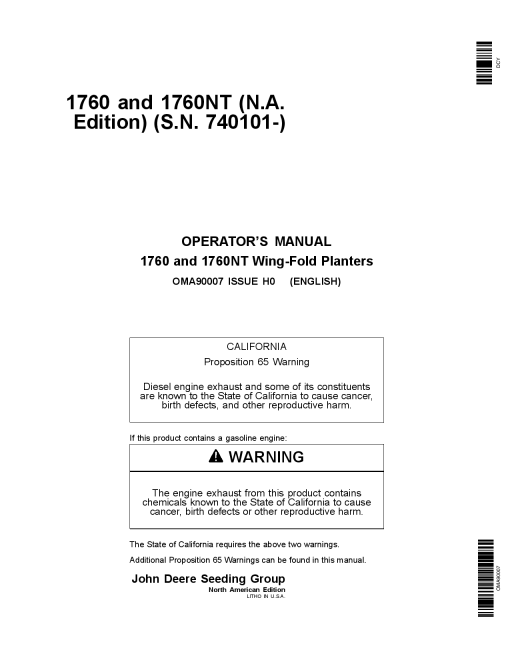 John Deere 1760 and 1760NT (740101-) OMA90007 Operators and Maintenance Manual PDF Download