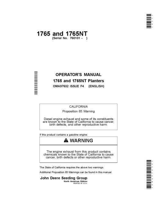 John Deere 1765 & 1765NT Planters Export Edition (760101-765100) OMA97632 Operators and Maintenance Manual PDF Download