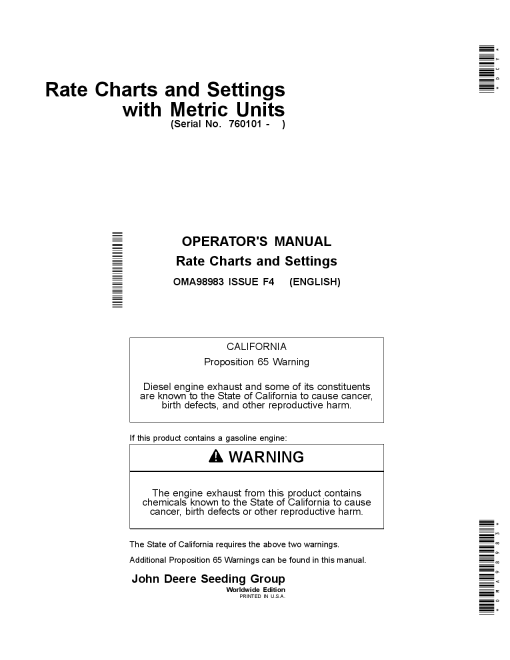 John Deere 1765 & 1765NT Planters Export Edition (760101-765100) OMA98983 Operators and Maintenance Manual PDF Download