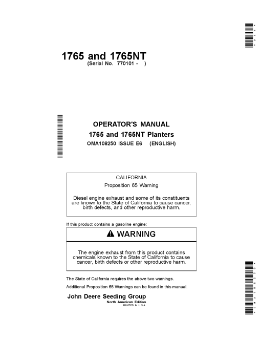 John Deere 1765 & 1765NT Planters (North American Edition) OMA108250 Operators and Maintenance Manual PDF Download