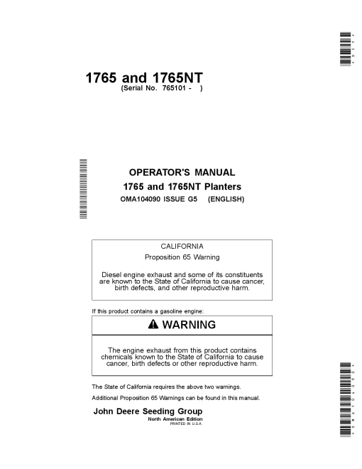 John Deere 1765 & 1765NT PlantersUS & Austraila Edition (765101- ) OMA104090 Operators and Maintenance Manual PDF Download