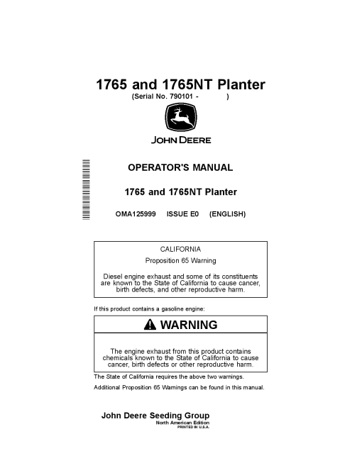 John Deere 1765 and 1765NT Planters (790101-) OMA125999 Operators and Maintenance Manual PDF Download