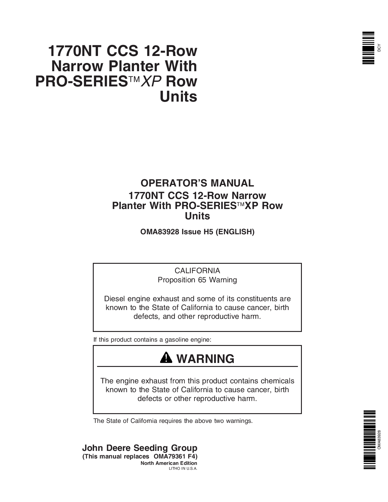 John Deere 1770NT 12-Row CCS Pro-Series Planter with XP Row Units OMA83928 Operators and Maintenance Manual PDF Download