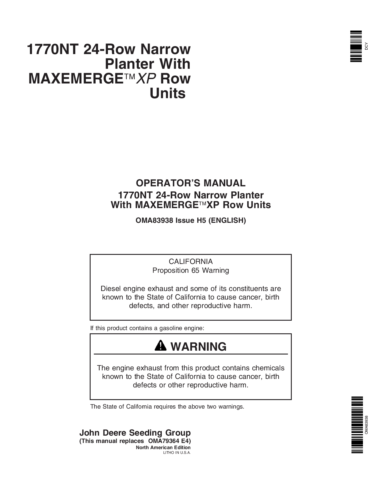 John Deere 1770NT 24-Row MaxEmerge Planter OMA83938 Operators and Maintenance Manual PDF Download