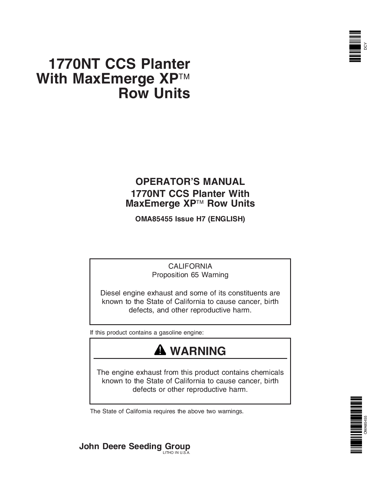 John Deere 1770NT CCS Planter (12 16 24 Row) w MaxEmerge XP Row Units OMA85455 Operators and Maintenance Manual PDF Download