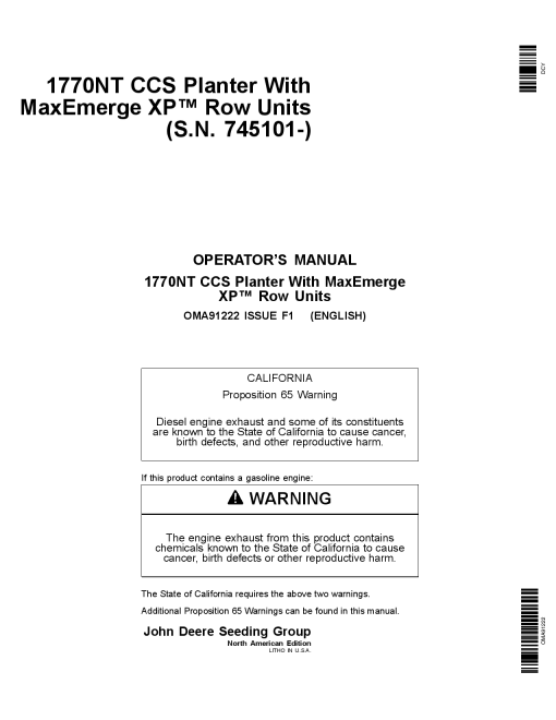 John Deere 1770NT CCS Planter (12 16 24 Row) w MaxEmerge XP Row Units OMA91222 Operators and Maintenance Manual PDF Download
