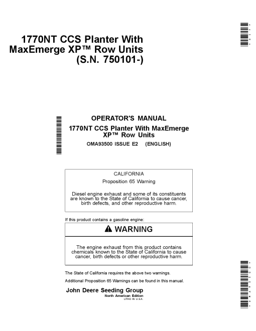 John Deere 1770NT CCS Planter (12 16 24 Row) w MaxEmerge XP Row Units OMA93500 Operators and Maintenance Manual PDF Download