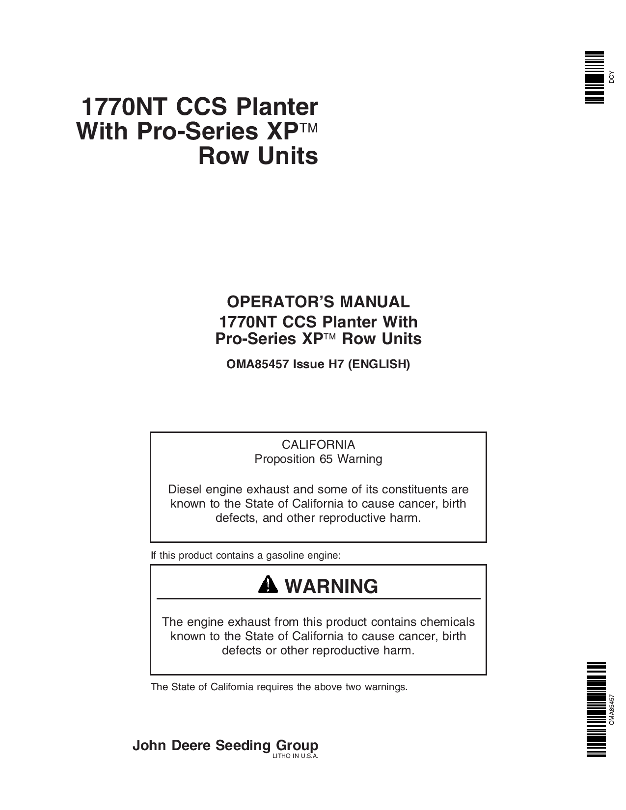 John Deere 1770NT12 16 24 Row CCS ProSeries Planter with XP Row Units OMA85457 Operators and Maintenance Manual PDF Download