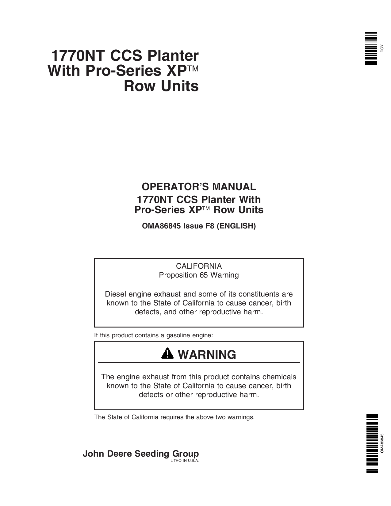 John Deere 1770NT12 16 24 Row CCS ProSeries Planter with XP Row Units OMA86845 Operators and Maintenance Manual PDF Download