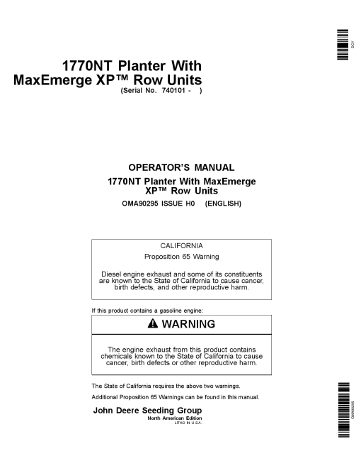 John Deere 1770NT12 16 24 Row Planter with MaxEmerge XP Row Units OMA90295 Operators and Maintenance Manual PDF Download