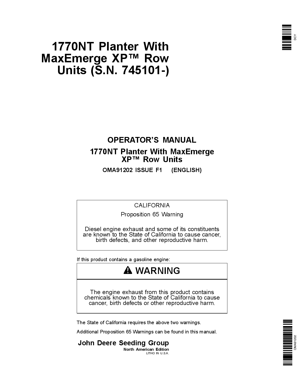 John Deere 1770NT12 16 24 Row Planter with MaxEmerge XP Row Units OMA91202 Operators and Maintenance Manual PDF Download