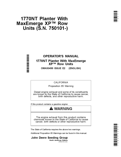 John Deere 1770NT12 16 24 Row Planter with MaxEmerge XP Row Units OMA93499 Operators and Maintenance Manual PDF Download