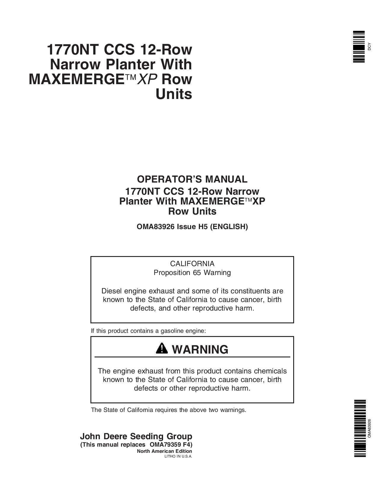 John Deere 1770NT12-Row CCS MaxEmerge Planter w XP Row Units OMA83926 Operators and Maintenance Manual PDF Download