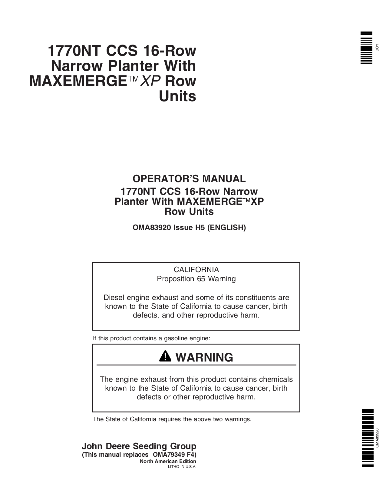 John Deere 1770NT16-Row CCS MaxEmerge Planter w XP Row Units OMA83920 Operators and Maintenance Manual PDF Download
