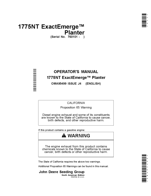 John Deere 1775NT ExactEmerge Planters North American Edition (760101-765100) OMA95499 Operators and Maintenance Manual PDF Download