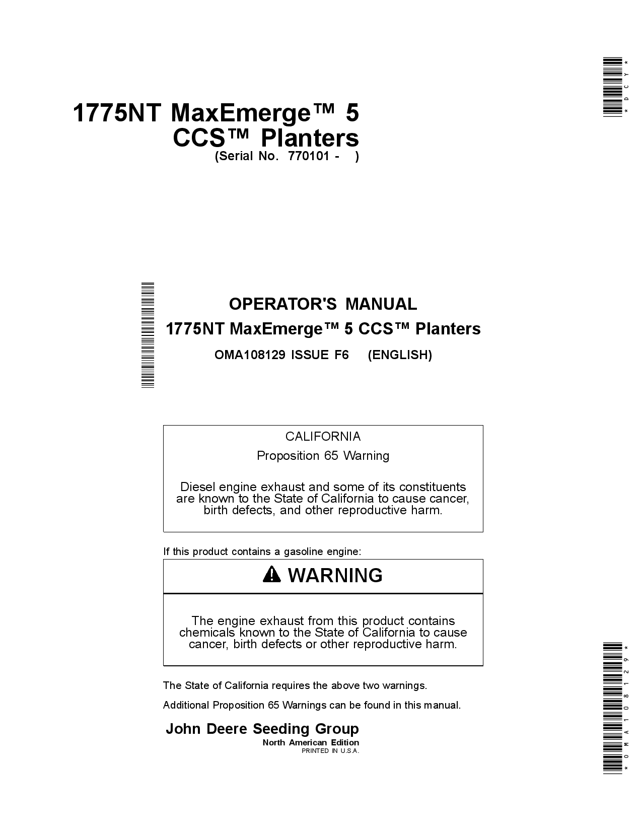 John Deere 1775NT MaxEmerge 5 CCS Planters (North American Edition) OMA108129 Operators and Maintenance Manual PDF Download
