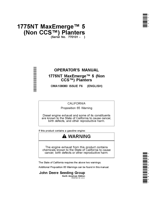 John Deere 1775NT MaxEmerge 5 (Non CCS) Planters (North American Edition) OMA108080 Operators and Maintenance Manual PDF Download