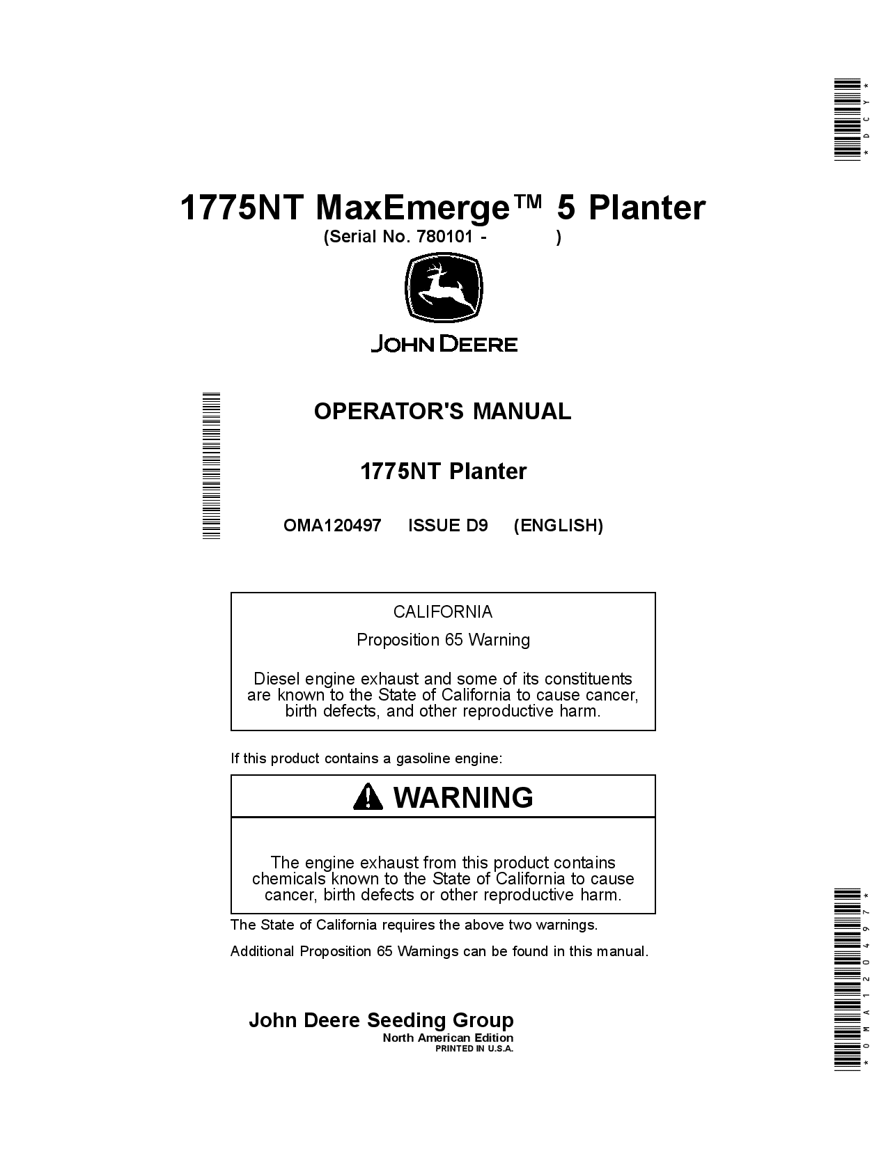 John Deere 1775NT MaxEmerge 5 (Non CCS) Planters OMA120497 Operators and Maintenance Manual PDF Download