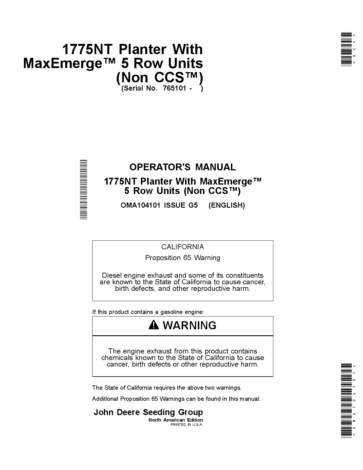 John Deere 1775NT MaxEmerge 5 PlantersWorldwide Edition (765101-) OMA104101 Operators and Maintenance Manual PDF Download