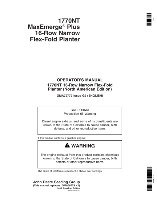 John Deere 1780 Drawn Planter (700101-700999) OMA72772 Operators and Maintenance Manual PDF Download
