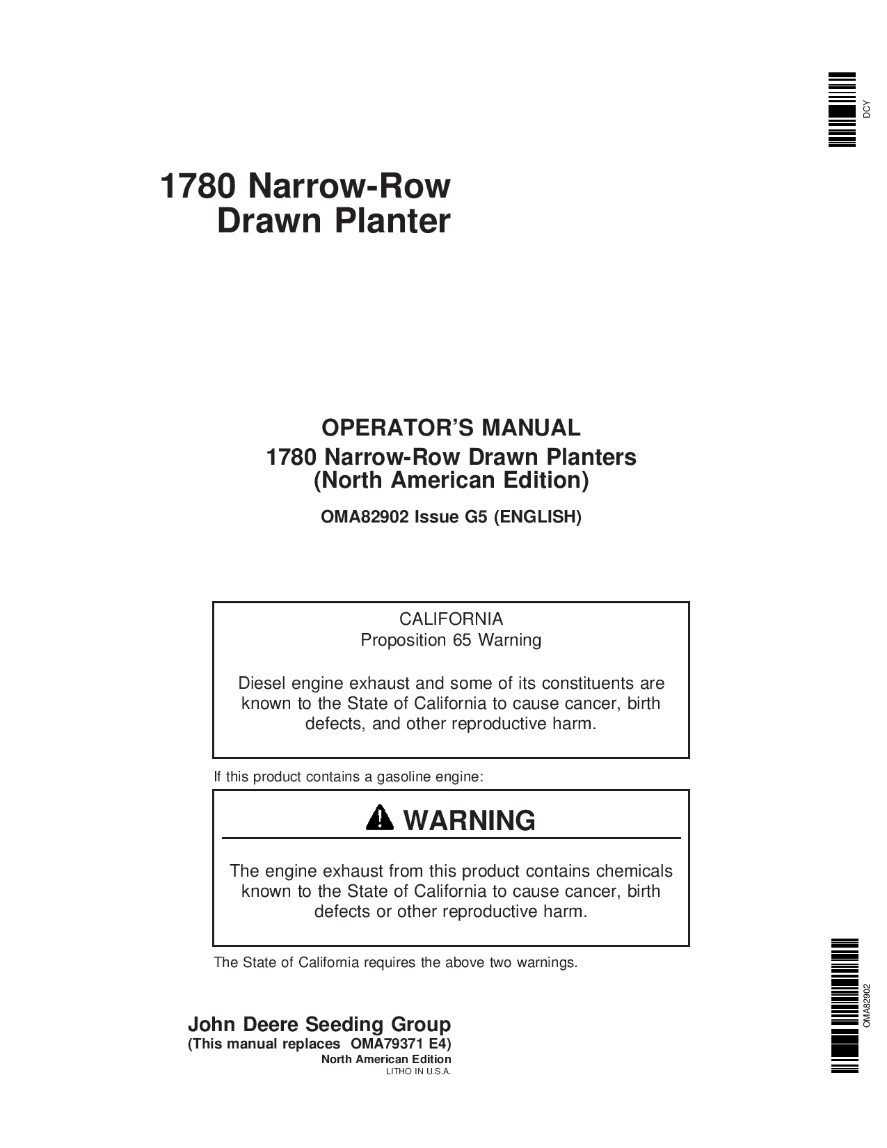 John Deere 1780 Drawn Planter (705101-715999) OMA82902 Operators and Maintenance Manual PDF Download