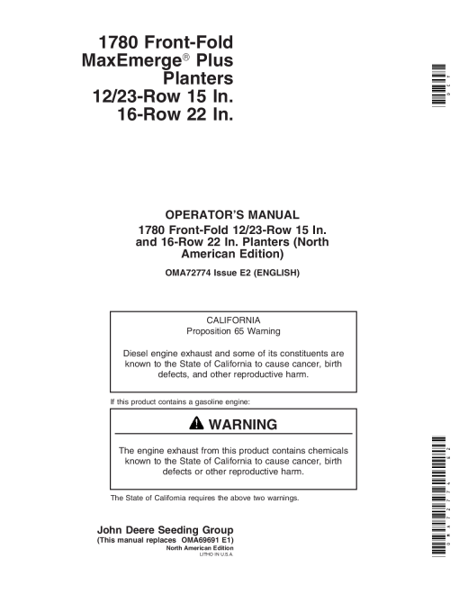 John Deere 1780 Drawn Planters 12 23 Row - 15 30 In. Spacing 16 Row - 22 In. Spacing OMA72774 Operators and Maintenance Manual PDF Download