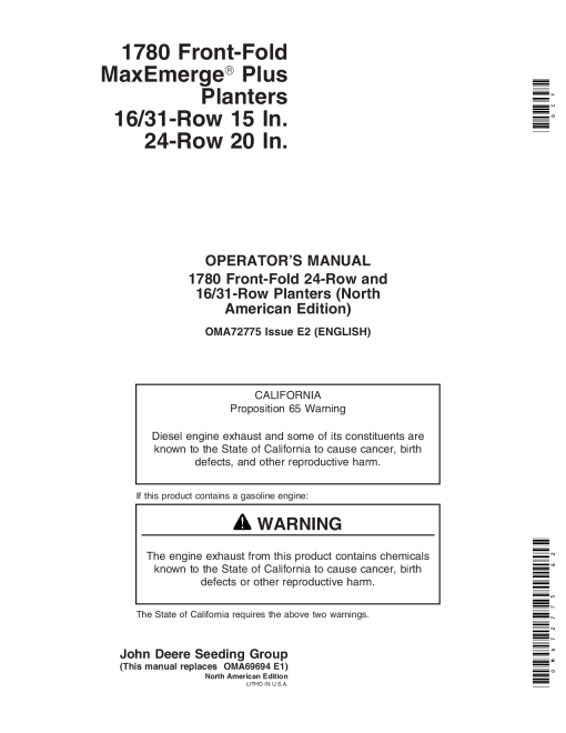 John Deere 1780 Drawn Planters 16 31 Row- 15 30 In. Spacing 24 Row - 20 In. Spacing (670101-) OMA72775 Operators and Maintenance Manual PDF Download