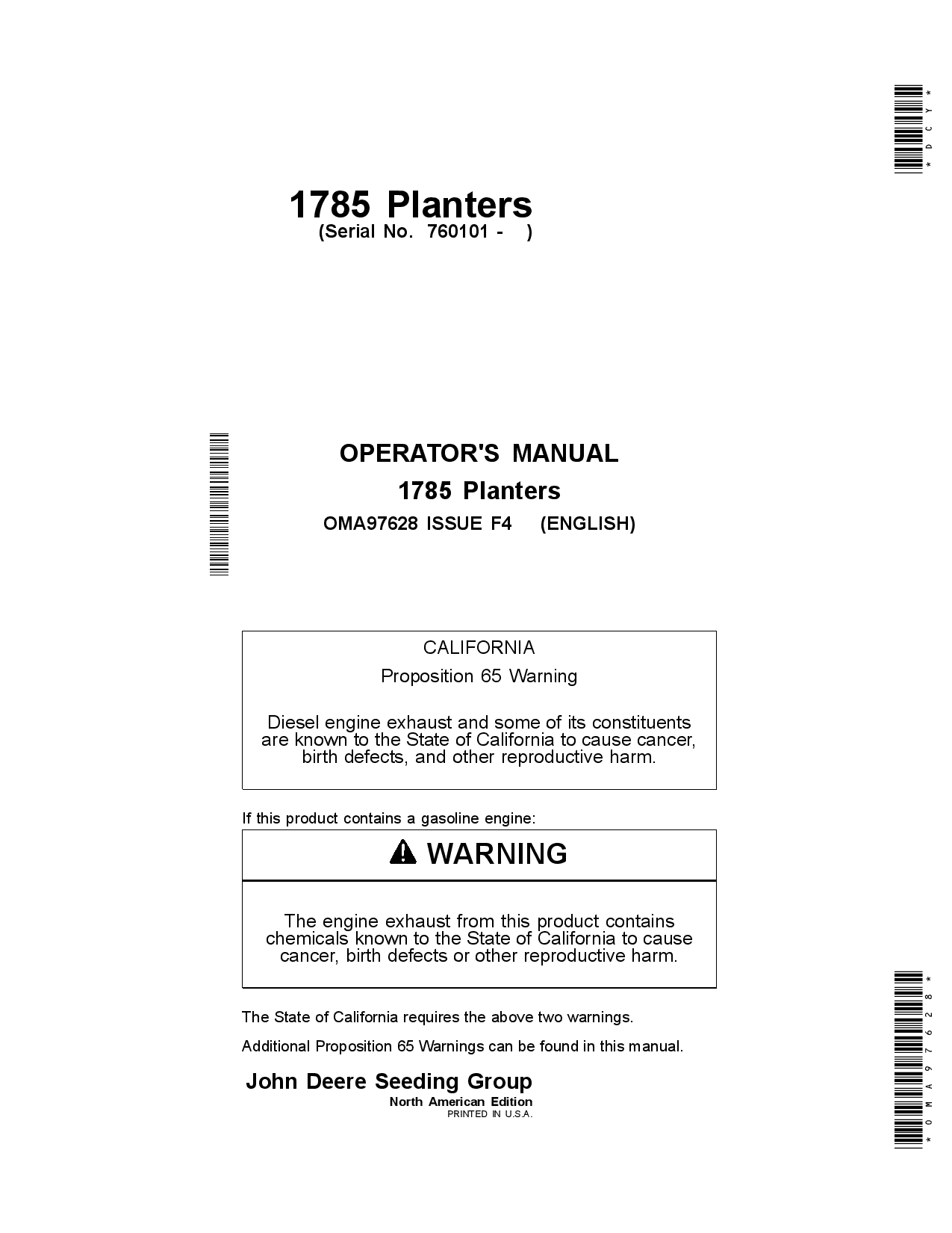 John Deere 1785 Planters North American & Australia (760101-765100) OMA97628 Operators and Maintenance Manual PDF Download