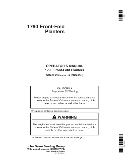 John Deere 1790 Drawn Planters with Rate Chart (705101-715999) OMA82905 Operators and Maintenance Manual PDF Download