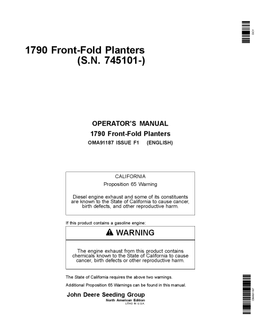 John Deere 1790 Front-Fold Planters (745101-) OMA91187 Operators and Maintenance Manual PDF Download