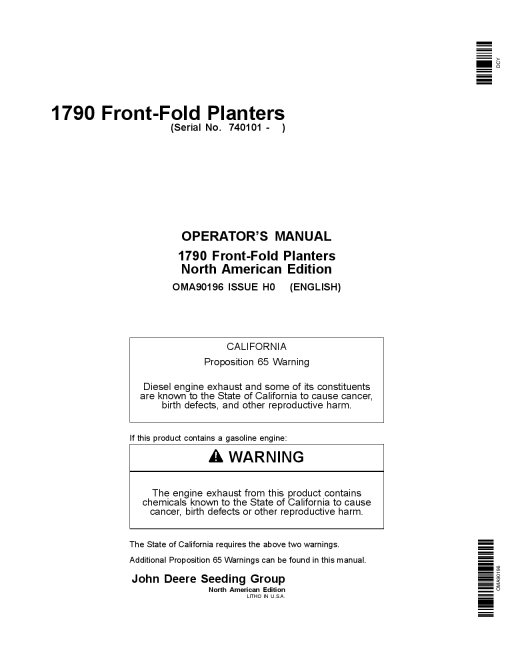 John Deere 1790 Front-Fold Planters OMA90196 Operators and Maintenance Manual PDF Download