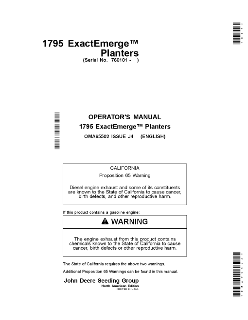 John Deere 1795 ExactEmerge Front-Fold Planters North American Edition (760101-765100) OMA95502 Operators and Maintenance Manual PDF Download