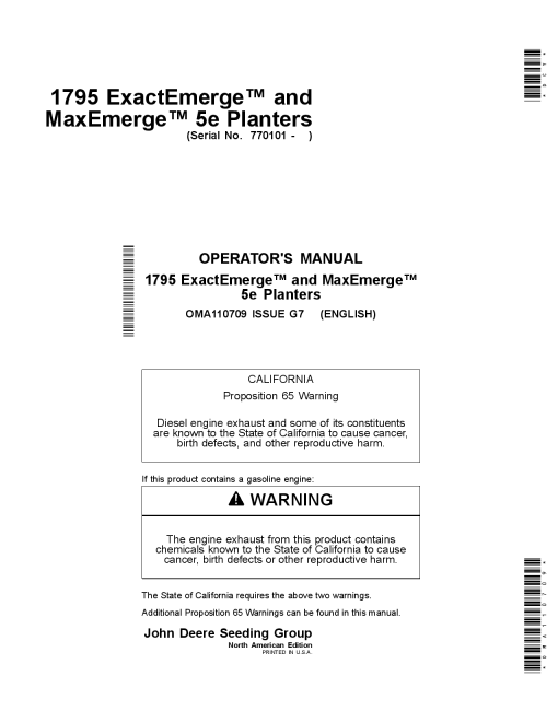 John Deere 1795 ExactEmerge & MaxEmerge 5e Planters OMA110709 Operators and Maintenance Manual PDF Download