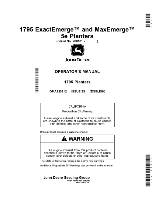 John Deere 1795 ExactEmerge and 1795 MaxEmerge 5e Planters OMA120612 Operators and Maintenance Manual PDF Download